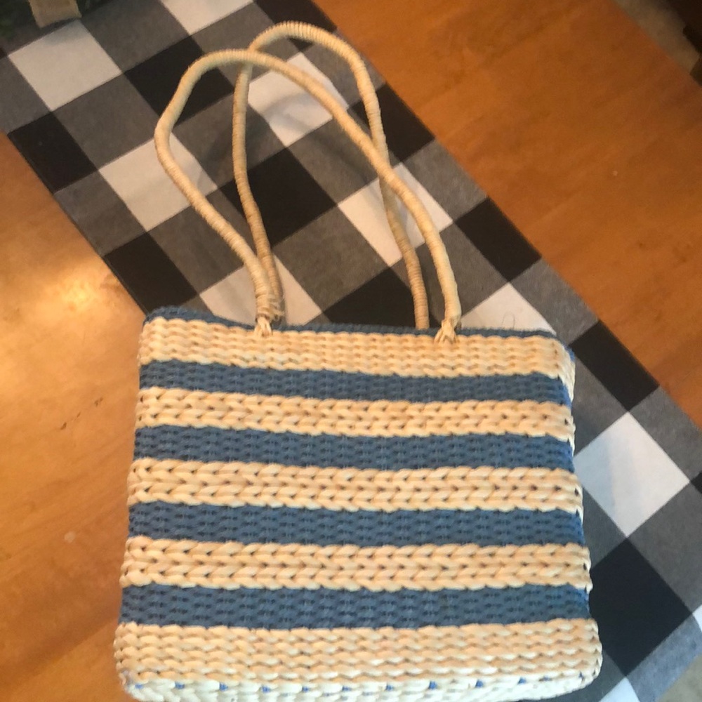 Vintage Blue/tan straw bag long rattan straps